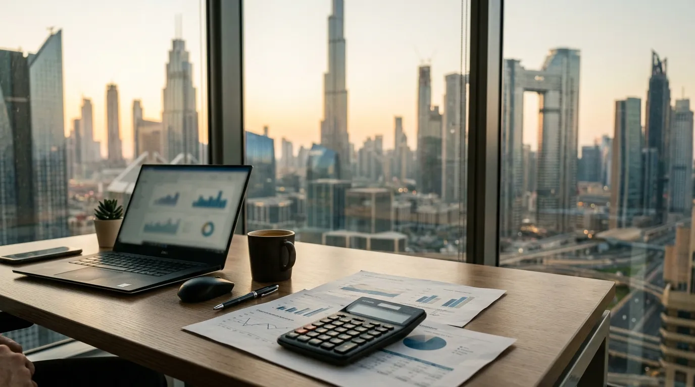 Financial statements and a calculator on a desk with the Dubai skyline visible through the window