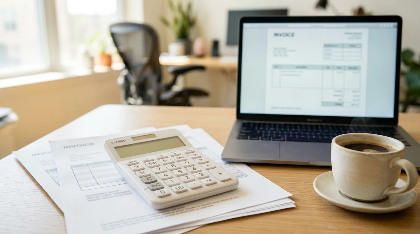 Calculator on tax paperwork beside a laptop showing an invoice form, office desk in daylight
