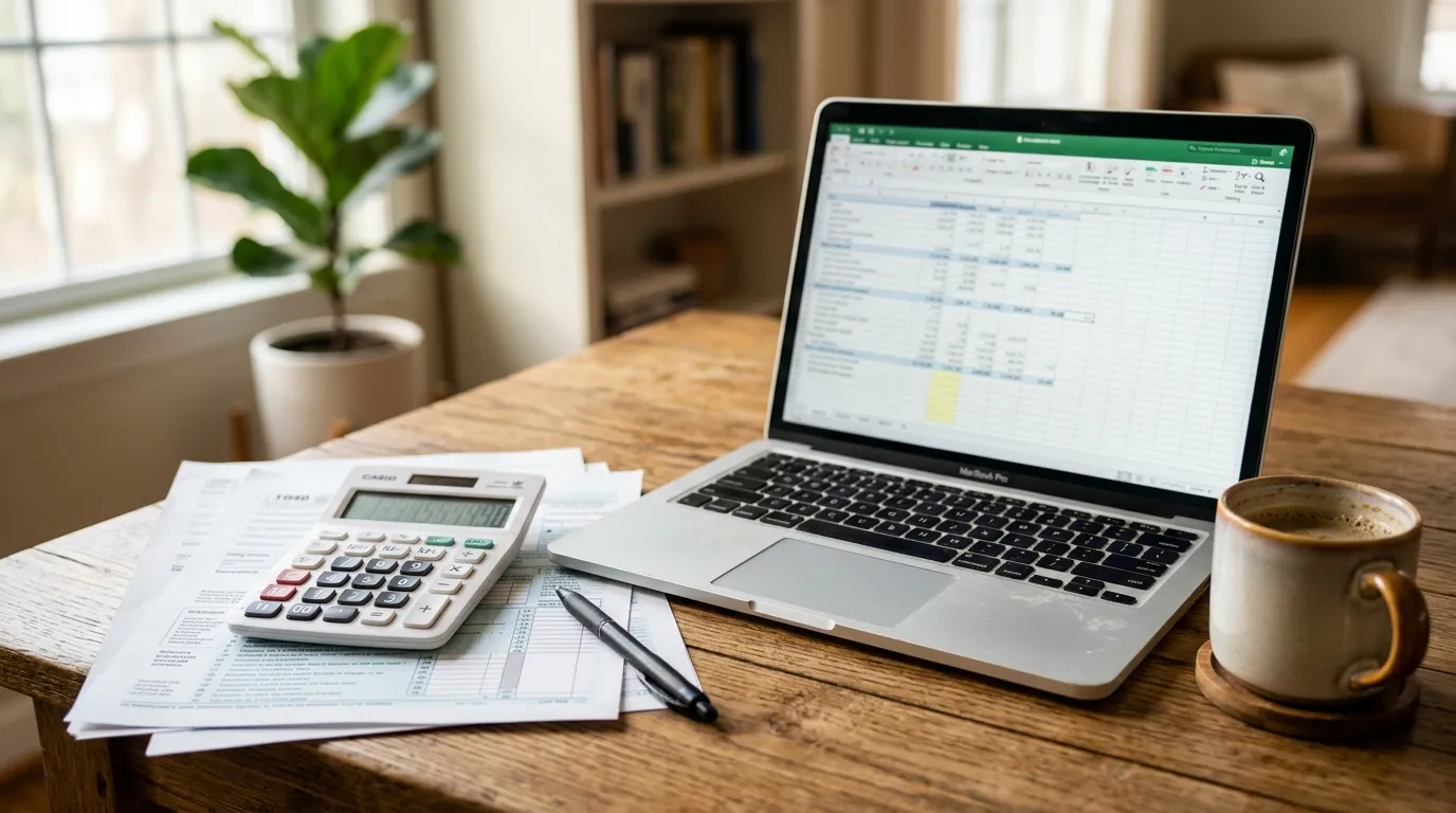 Calculator on top of tax paperwork next to a laptop showing a spreadsheet, warm office light