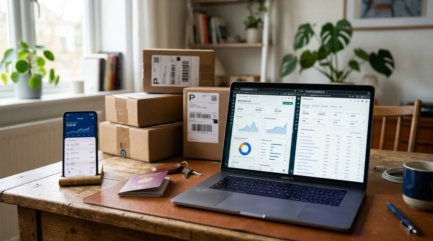 Mapa de Norteamérica junto a una laptop con un panel de ventas de Amazon y un teléfono con app bancaria