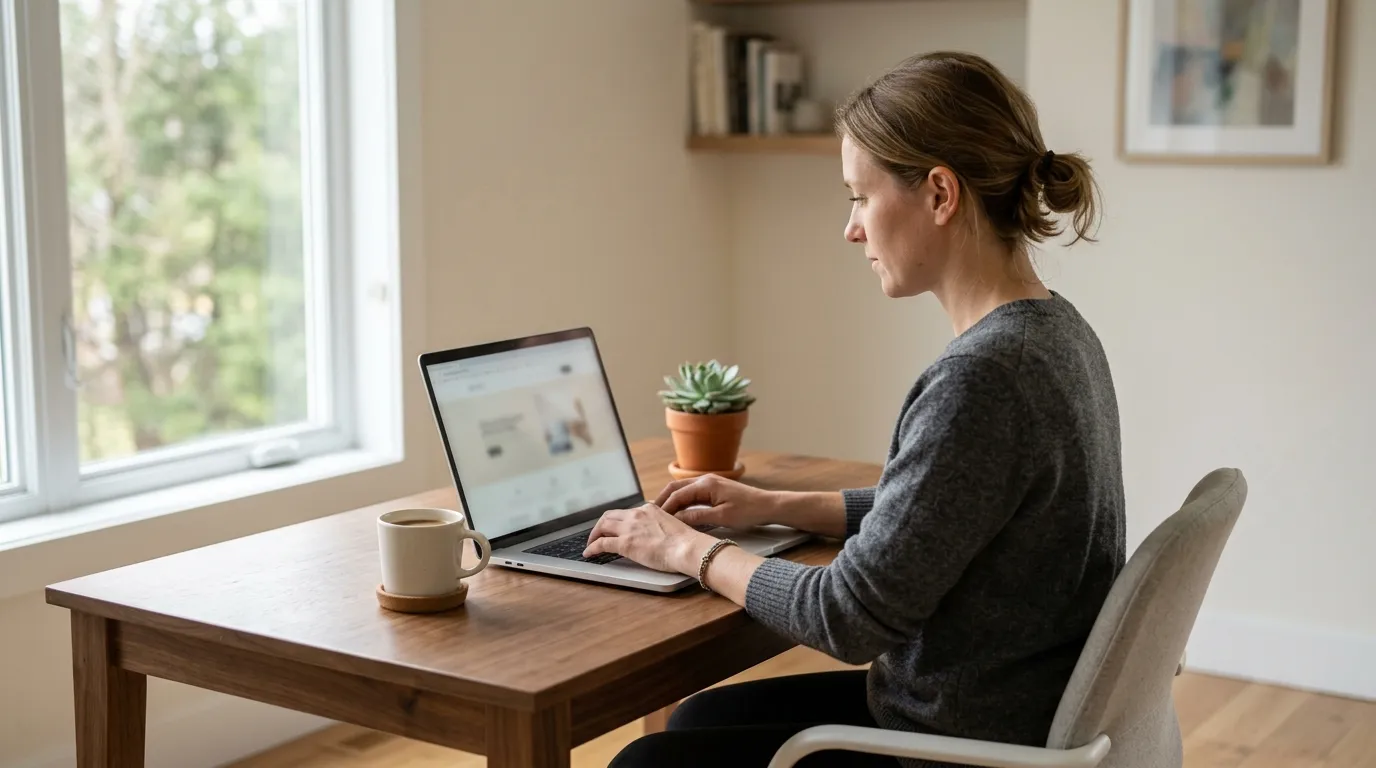 Pessoa trabalhando em home office minimalista com notebook e celular, sem nenhuma caixa de estoque ao redor