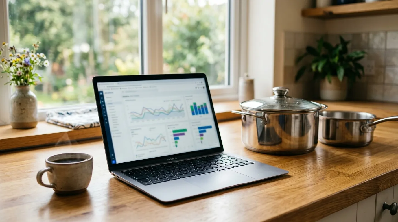 A laptop showing an Amazon advertising dashboard next to a stainless steel cookware set on a kitchen counter